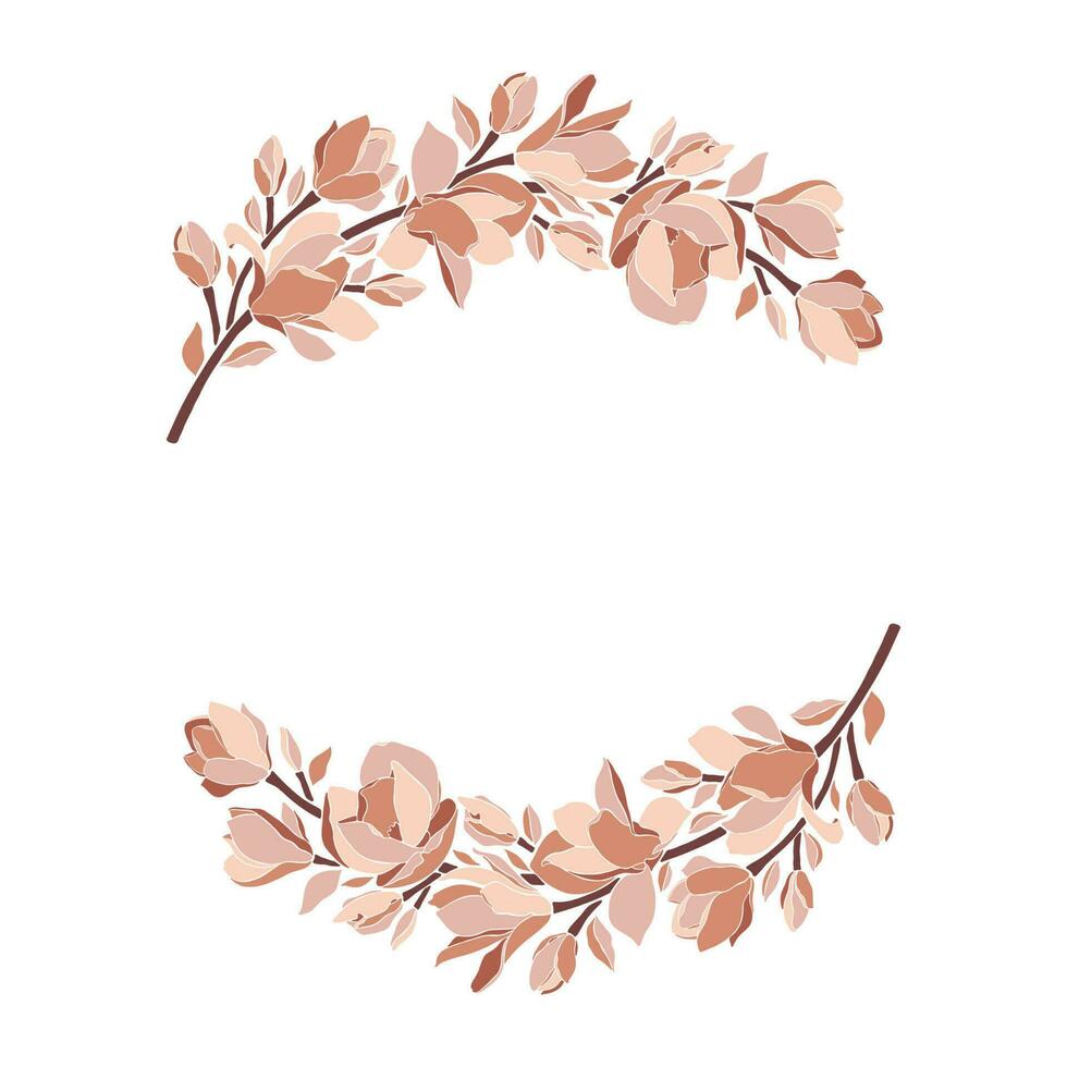Floral frame, wreath with magnolia blooming flowers. vector