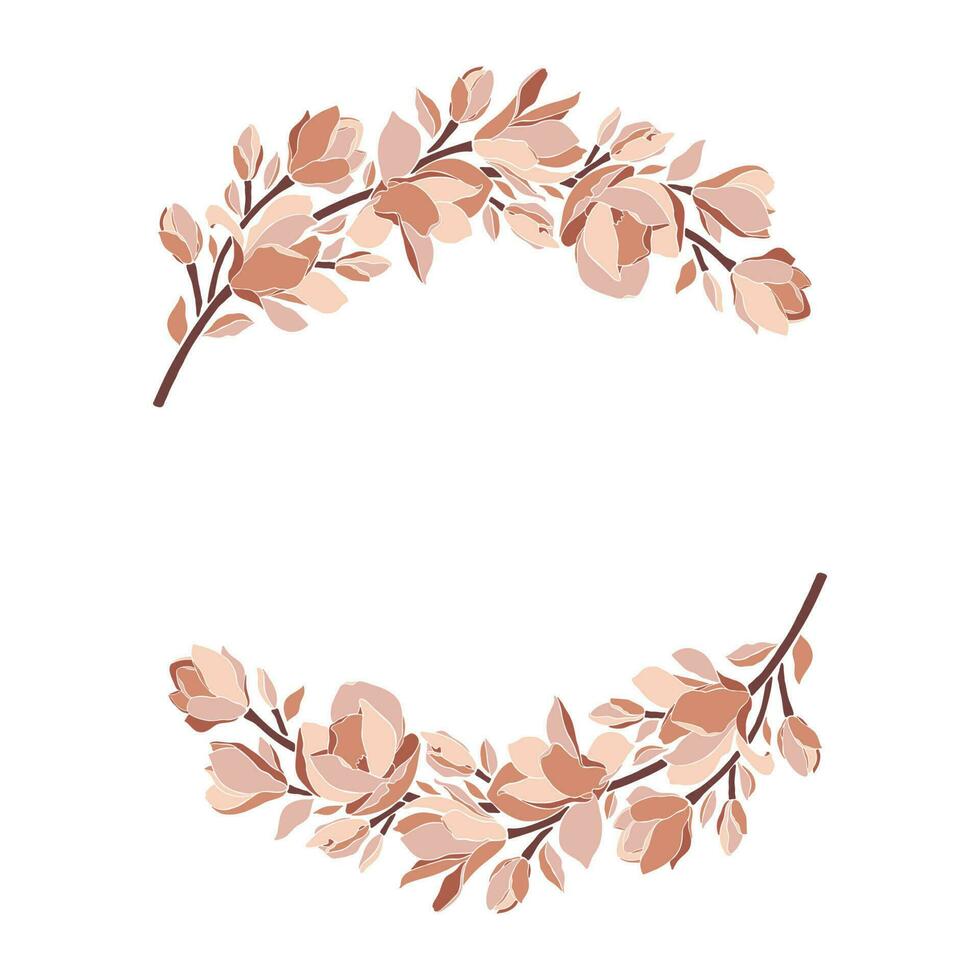 Floral frame, wreath with magnolia blooming flowers. vector