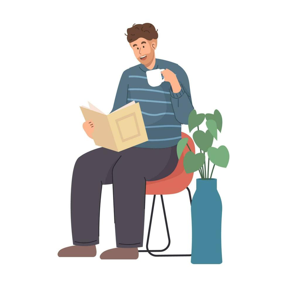Man reading a book while drinking coffee vector