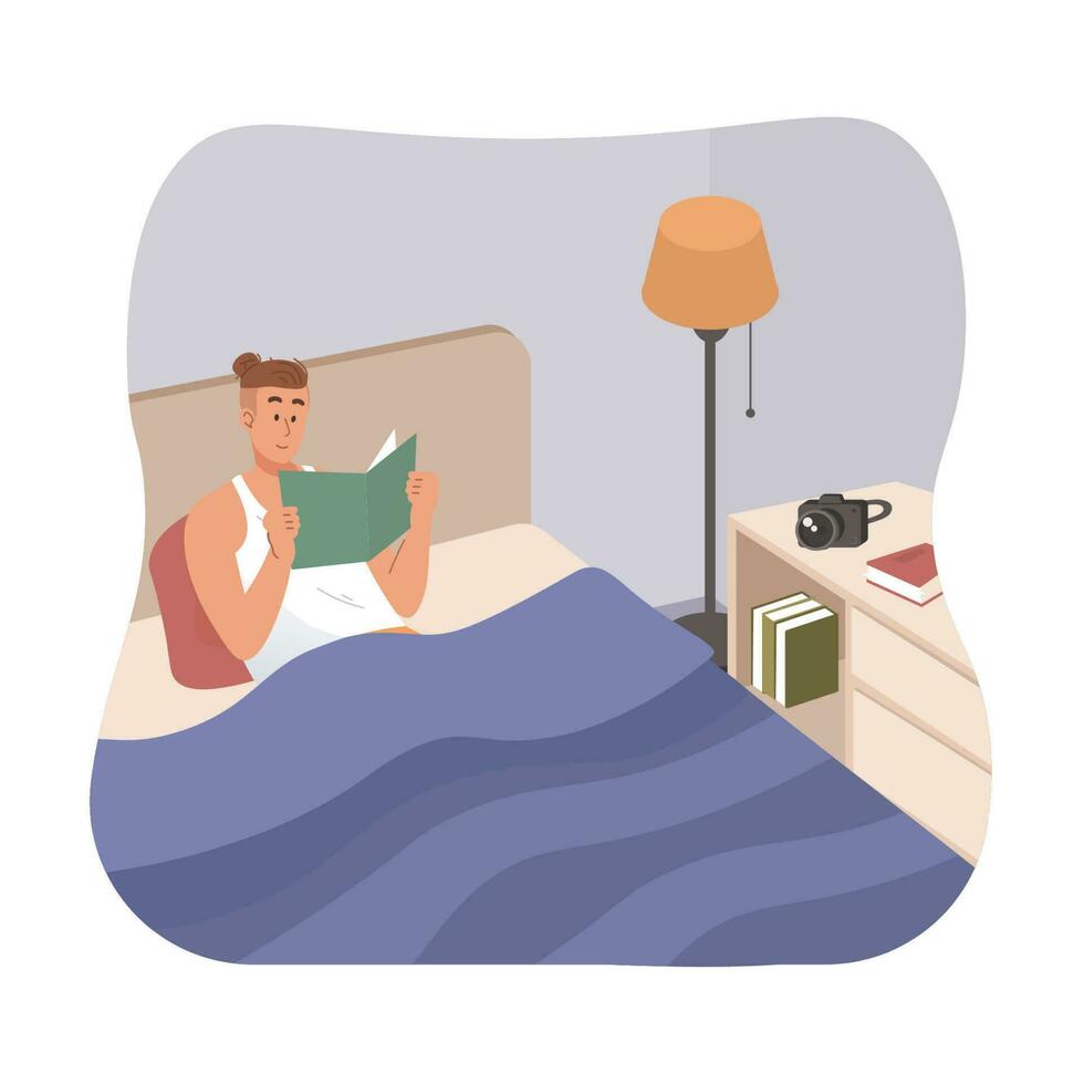 hombre leyendo un libro mientras tendido abajo en cama vector