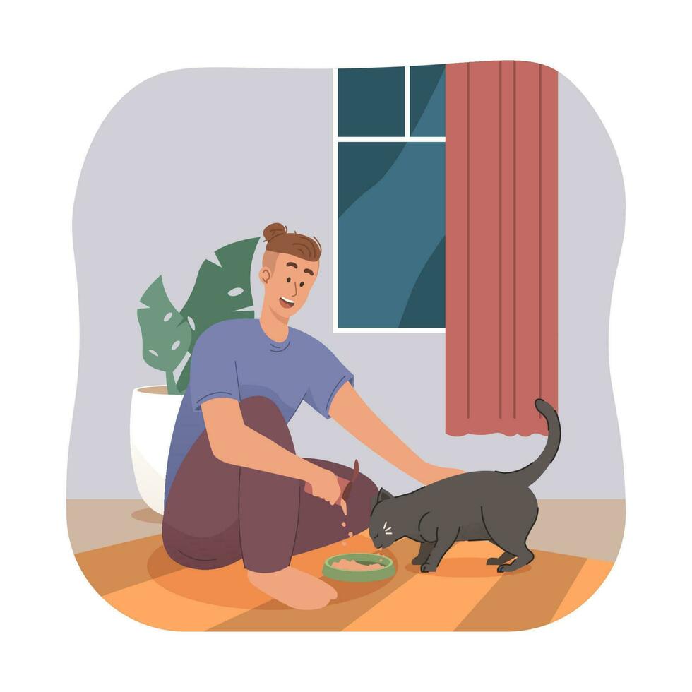 Man feeding a cat at home vector