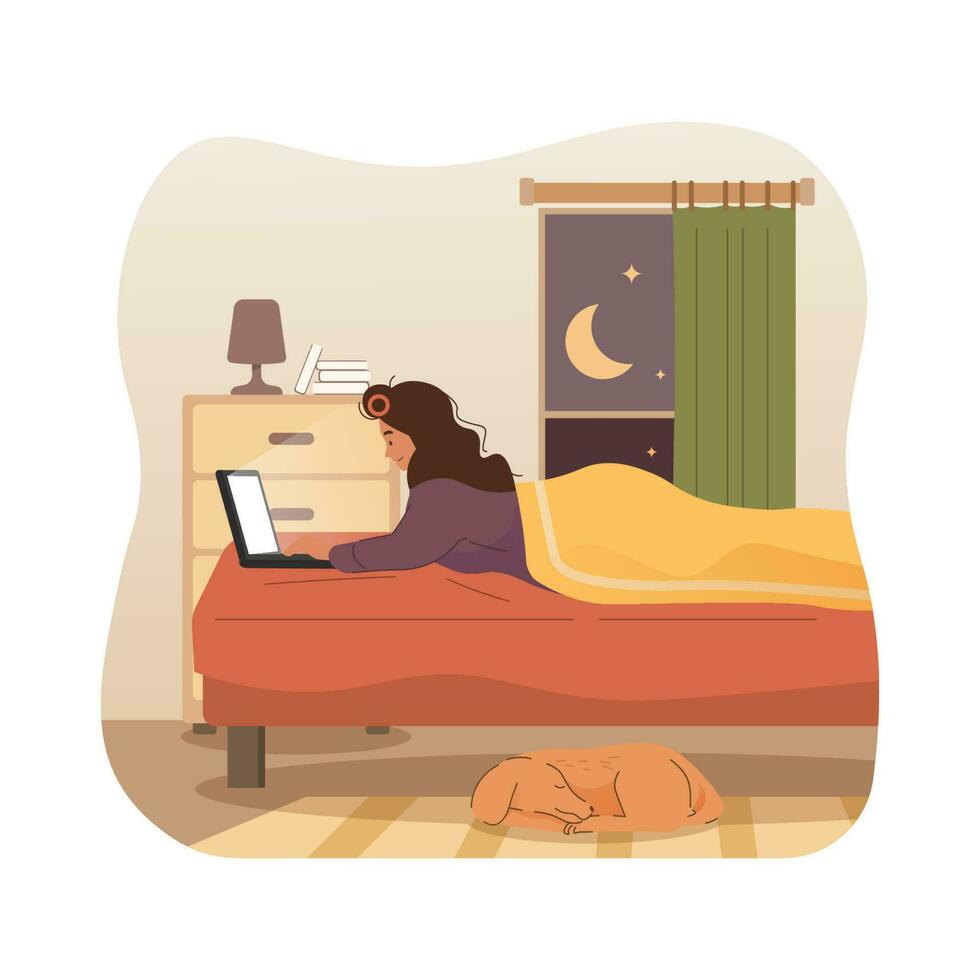 Woman working on laptop while laying down on bed vector