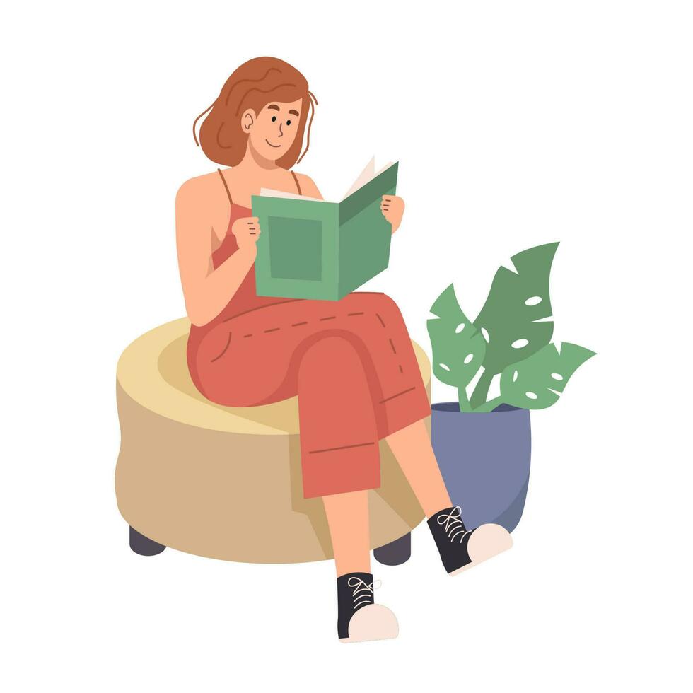 Woman reading a book while sitting vector