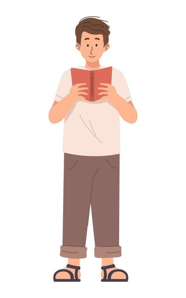 Boy reading a book while standing vector