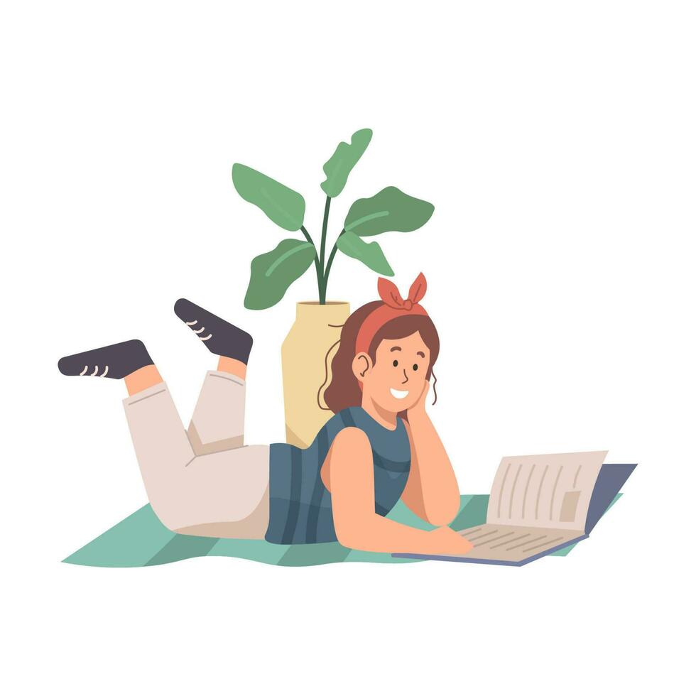 Girl reading a book while laying down vector