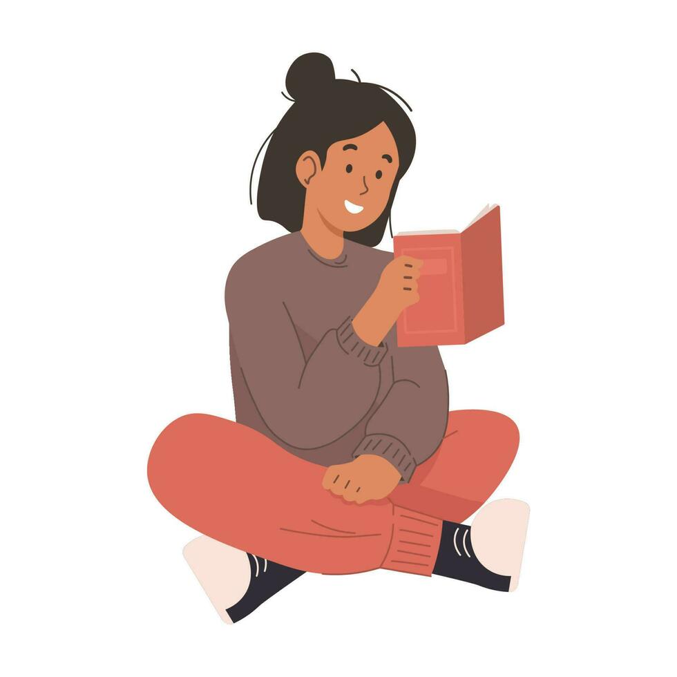 Girl reading a book while sitting on the floor vector