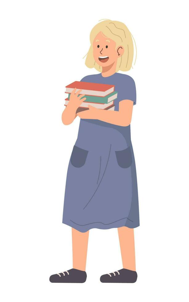 Girl holding pile of books vector