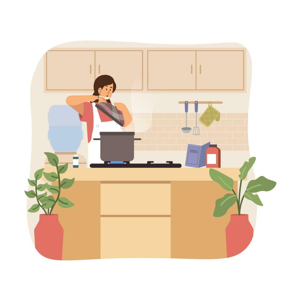 Woman cooking in the kitchen vector