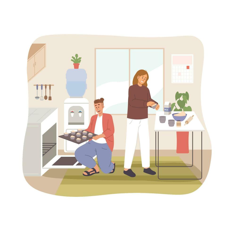 Man and woman cooking in the kitchen vector