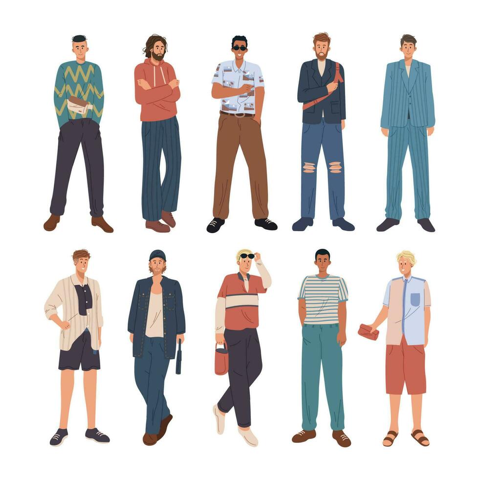 Collection of men dressed in trendy clothes isolated on white background. Men fashion outfit in flat cartoon character illustration vector