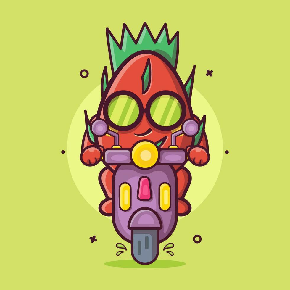 cool dragon fruit character mascot riding scooter motorcycle isolated cartoon in flat style design vector