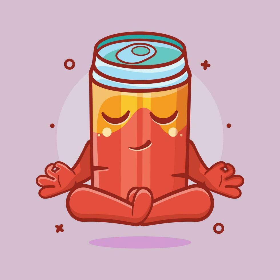 calma bebida lata personaje mascota con yoga meditación actitud aislado dibujos animados en plano estilo diseño vector