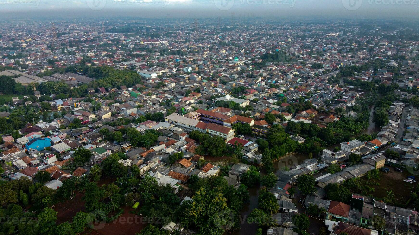 aéreo pov ver representación de inundación. devastación forjado después masivo natural desastres a bekasi - Indonesia foto