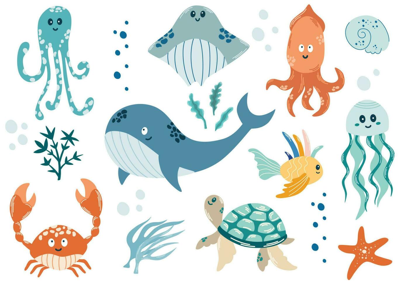 Cute underwater animals. Sea life elements. Whale, jellyfish, seashells, algae, fish, squid and turtle. Vector doodle cartoon set of marine life objects for your design.