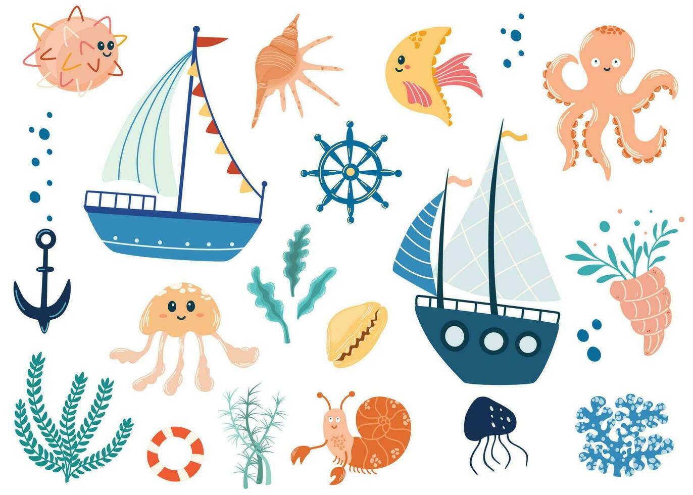 Sea life elements set. Childish funny clip arts. Sailboats, octopus, fish, crab, anchor, seashells and algae. Sea world. Ideal for children, printing, postcards, prints. Hand draw vector illustration