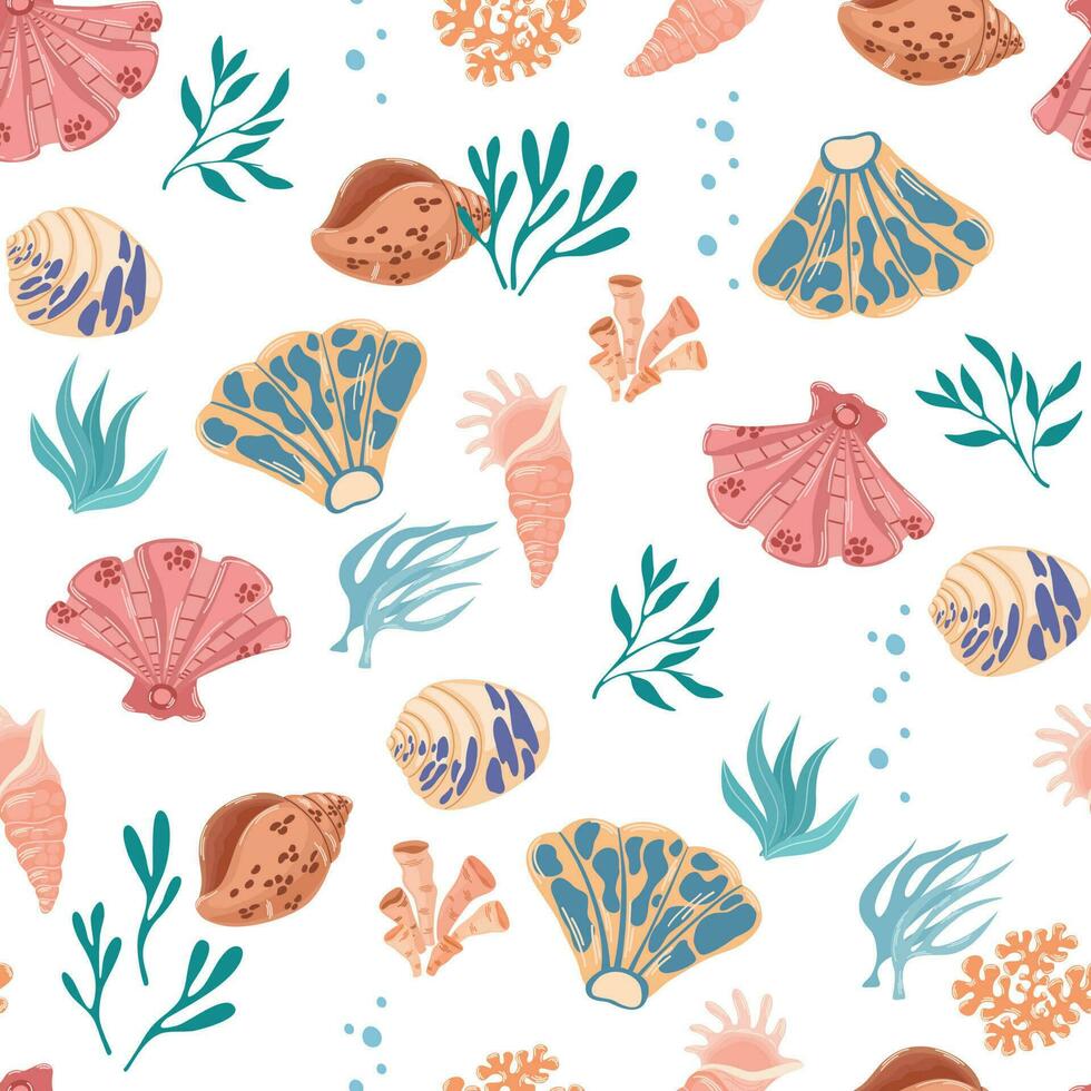 Seashells and algae seamless pattern. Hand draw underwater life background. Perfect for fabric, textile, nursery decoration, wrapping paper. Vector illustration
