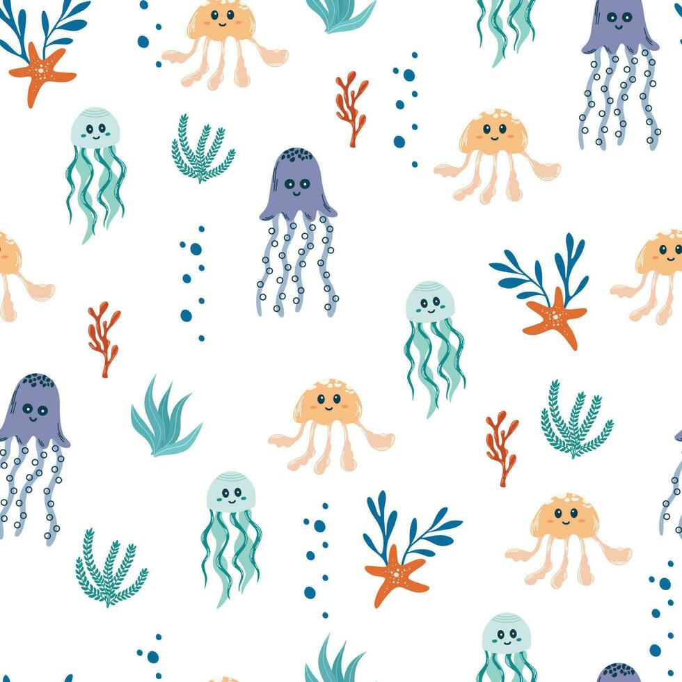 Cute marine inhabitants seamless pattern. Jellyfish and algae. Creative childish undersea background. Perfect for kids apparel, fabric, textile, nursery decoration,wrapping paper. Vector Illustration