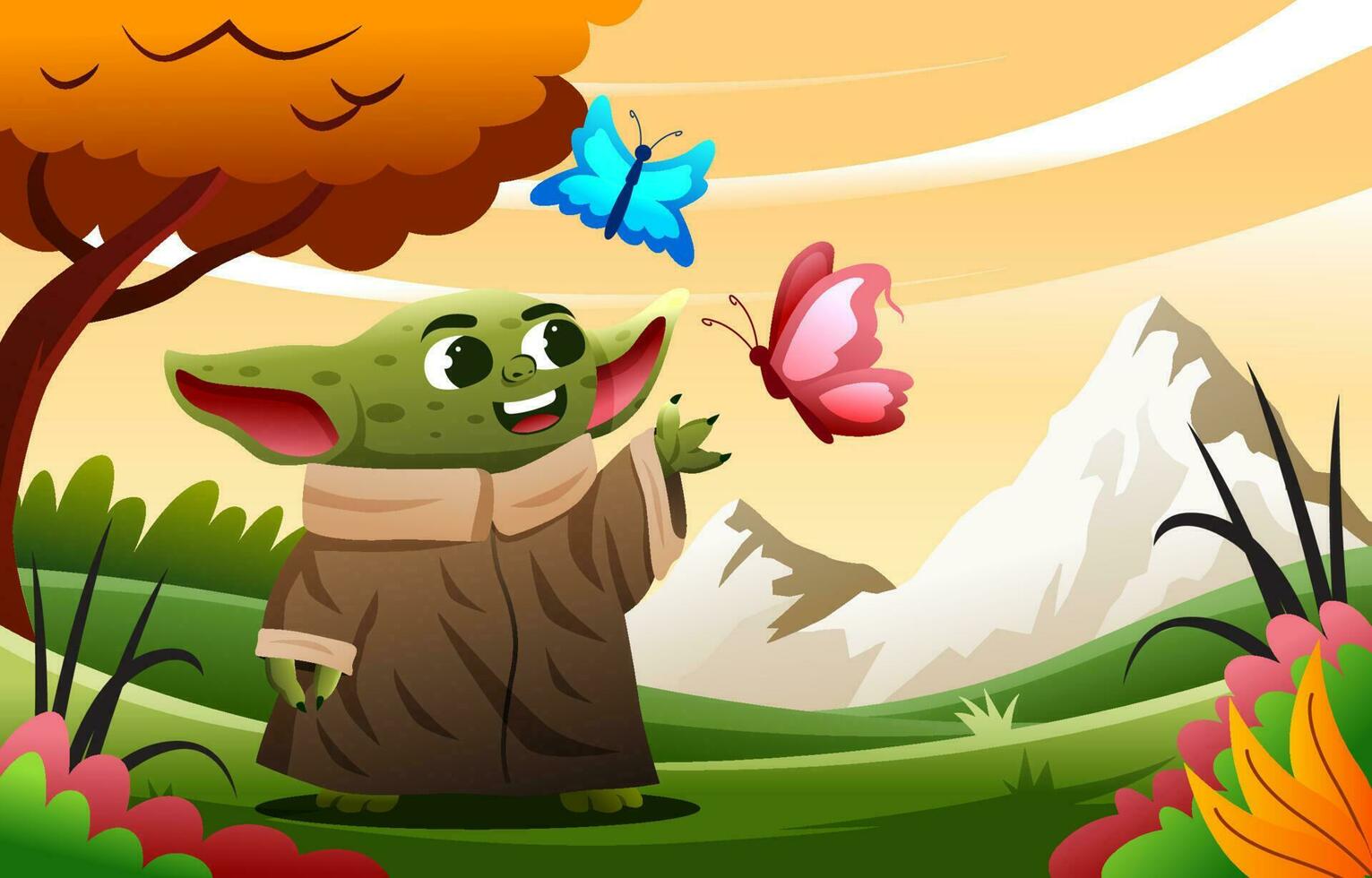 Alien Baby Playing With Butterfly vector