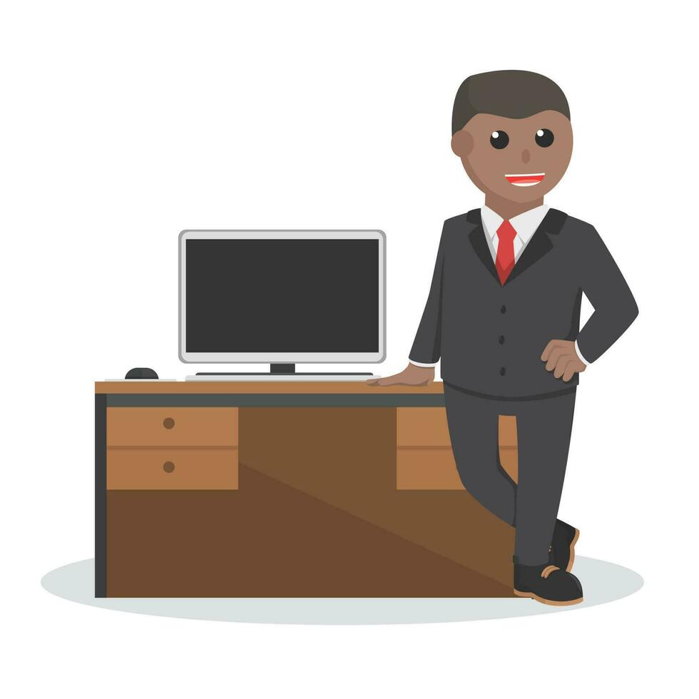 empresario africano en oficina escritorio diseño personaje en blanco antecedentes vector