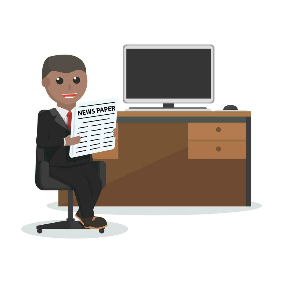 empresario africano leyendo periódico en oficina silla diseño personaje en blanco antecedentes vector