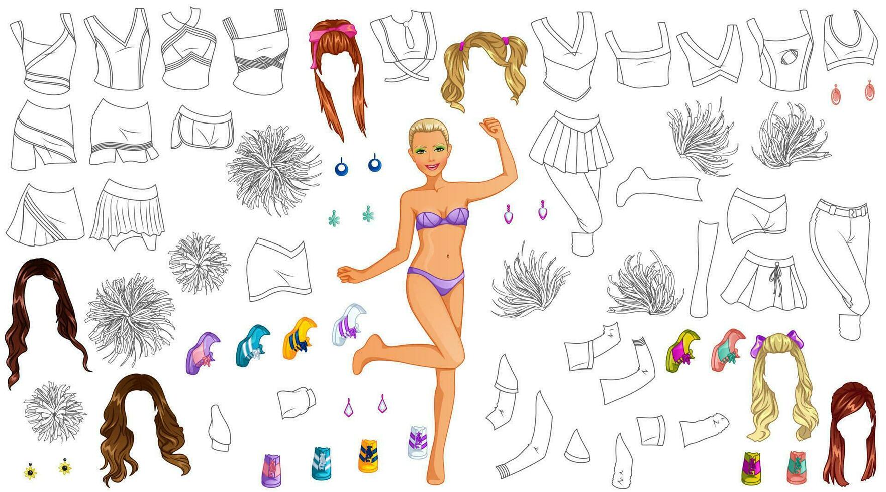Cheerleader Coloring Paper Doll with Outfits, Hairstyles, Pompoms and  Accessories. Vector Illustration 23644633 Vector Art at Vecteezy