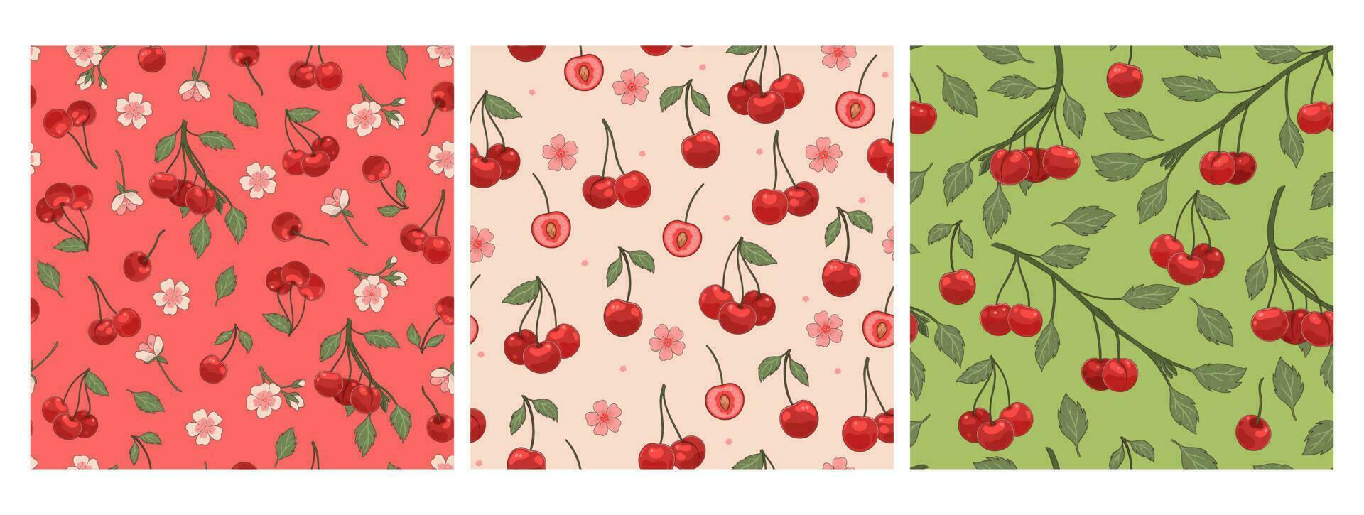 A set of patterns with cherries and flowers. Vector graphics.