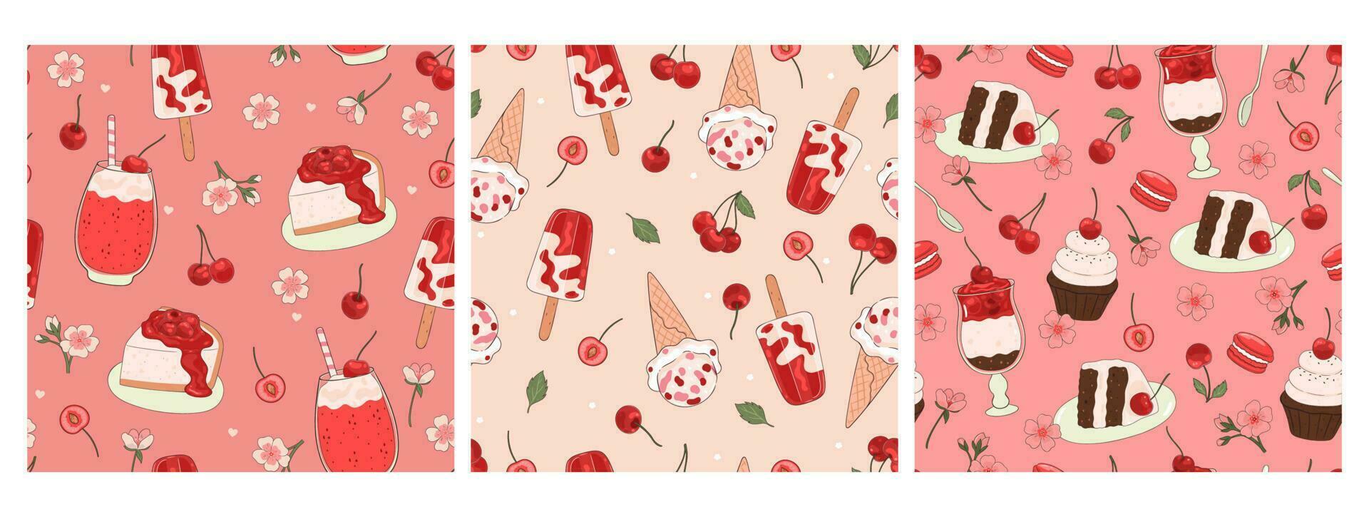 Set of patterns with cherry desserts. Vector graphics.