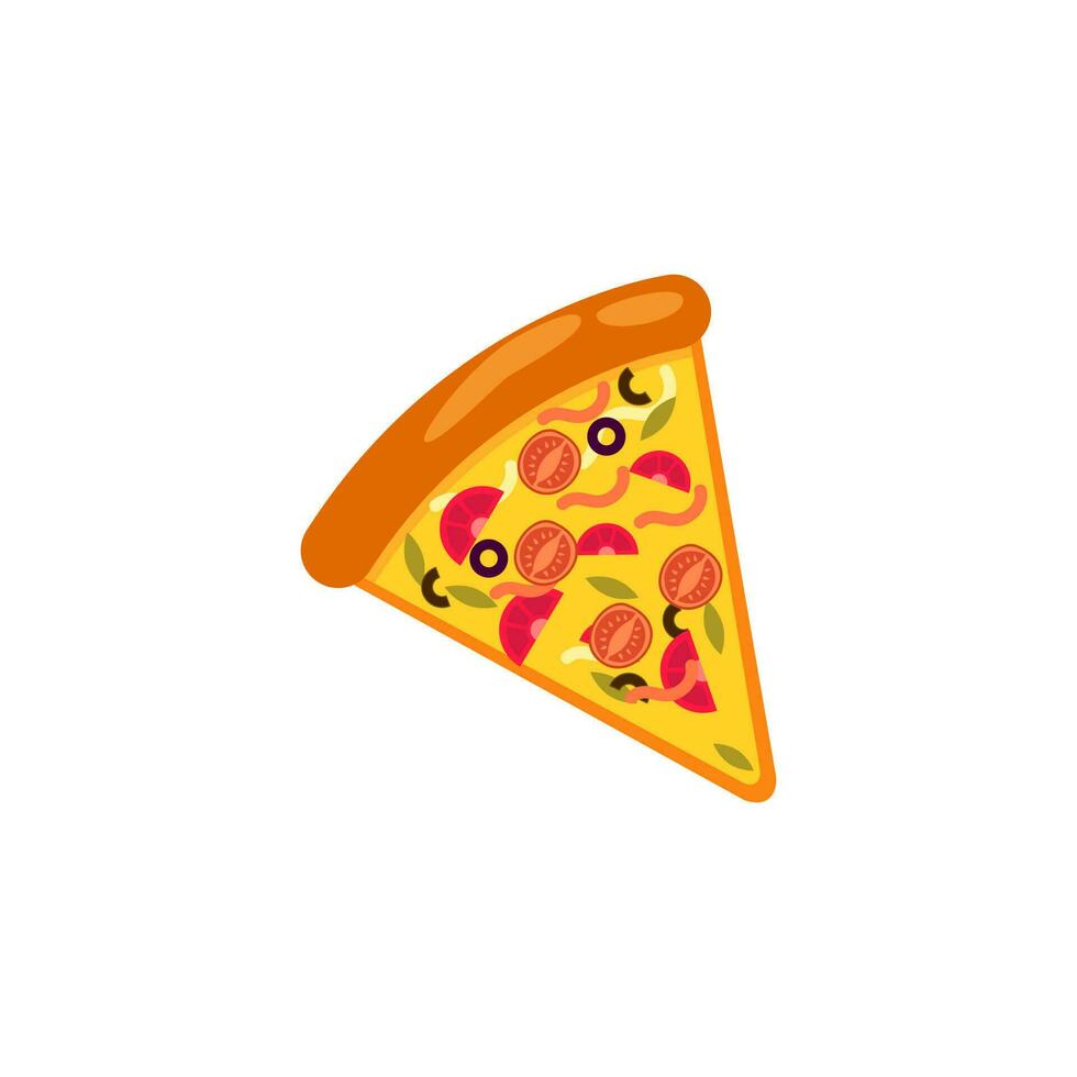 Pizza slice icon vector. Pizza slice with melted cheese. Slice of pepperoni pizza. Vector clip art illustration with simple gradients. Cartoon sticker in comic style with contour.