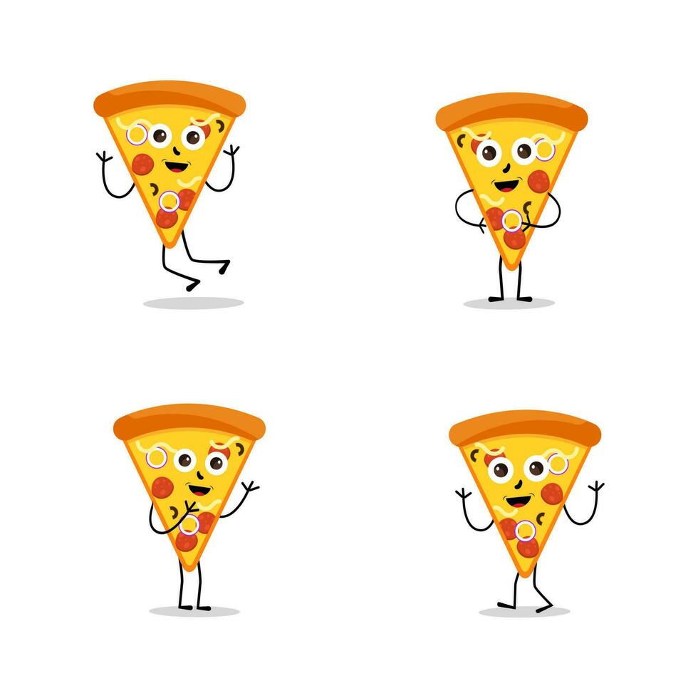 Pizza dibujos animados personaje, moderno vector modelo conjunto de mascota ilustraciones. comida objeto icono concepto aislado prima vector.