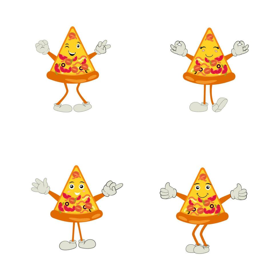 Pizza Cartoon Character, modern vector template set of mascot illustrations. Food Object Icon Concept Isolated Premium Vector.