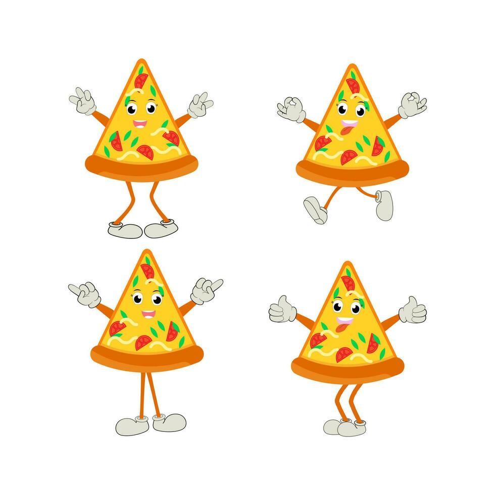 Pizza dibujos animados personaje, moderno vector modelo conjunto de mascota ilustraciones. comida objeto icono concepto aislado prima vector.