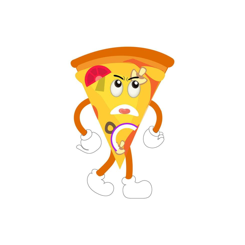 gracioso contento Pizza espectáculo paz gesto logo. vector garabatear línea dibujos animados kawaii personaje ilustración icono. Pizza citar logo concepto. rápido comida vector dibujos animados ilustración, cómic caracteres