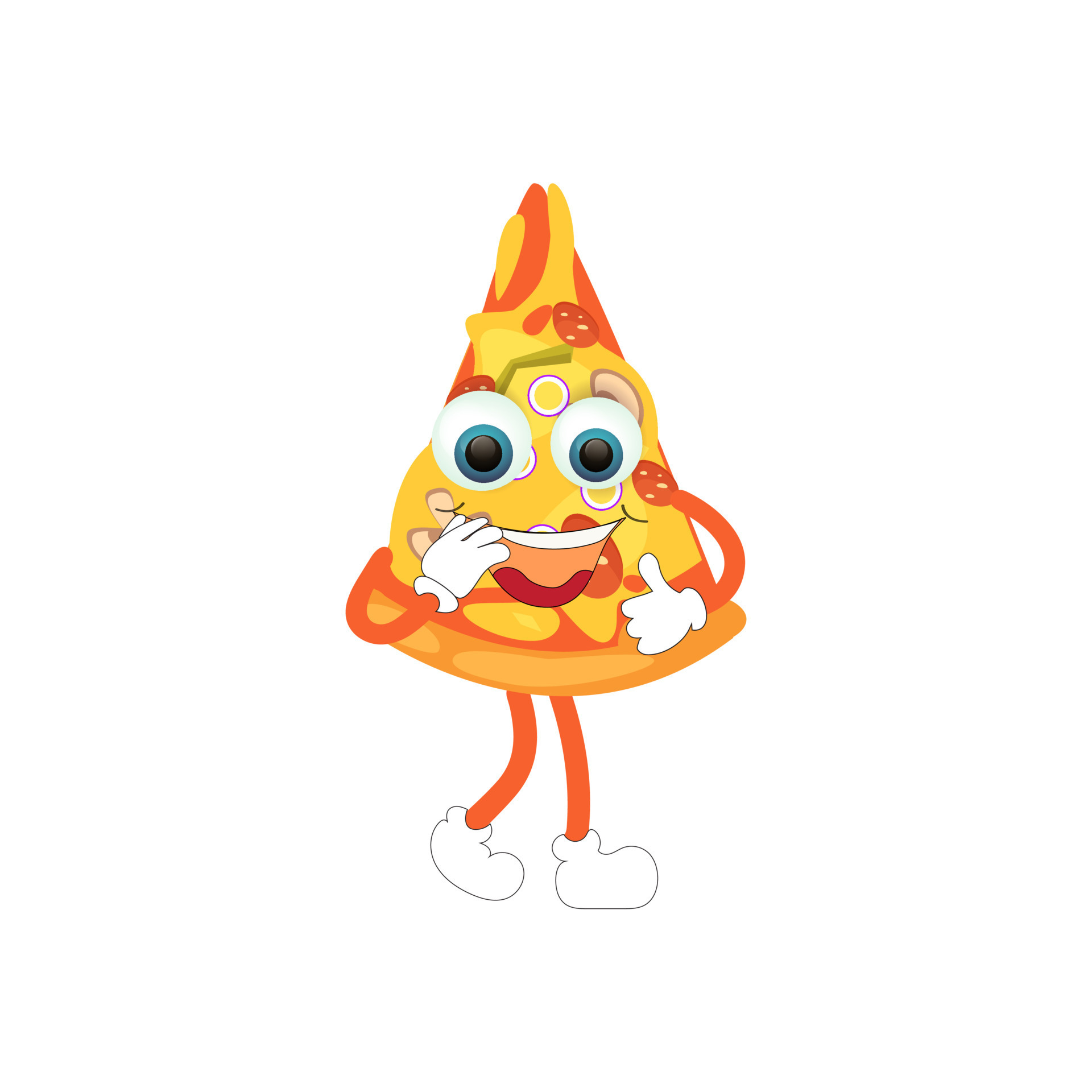 Funny happy pizza show peace gesture logo. Vector doodle line cartoon kawaii character
