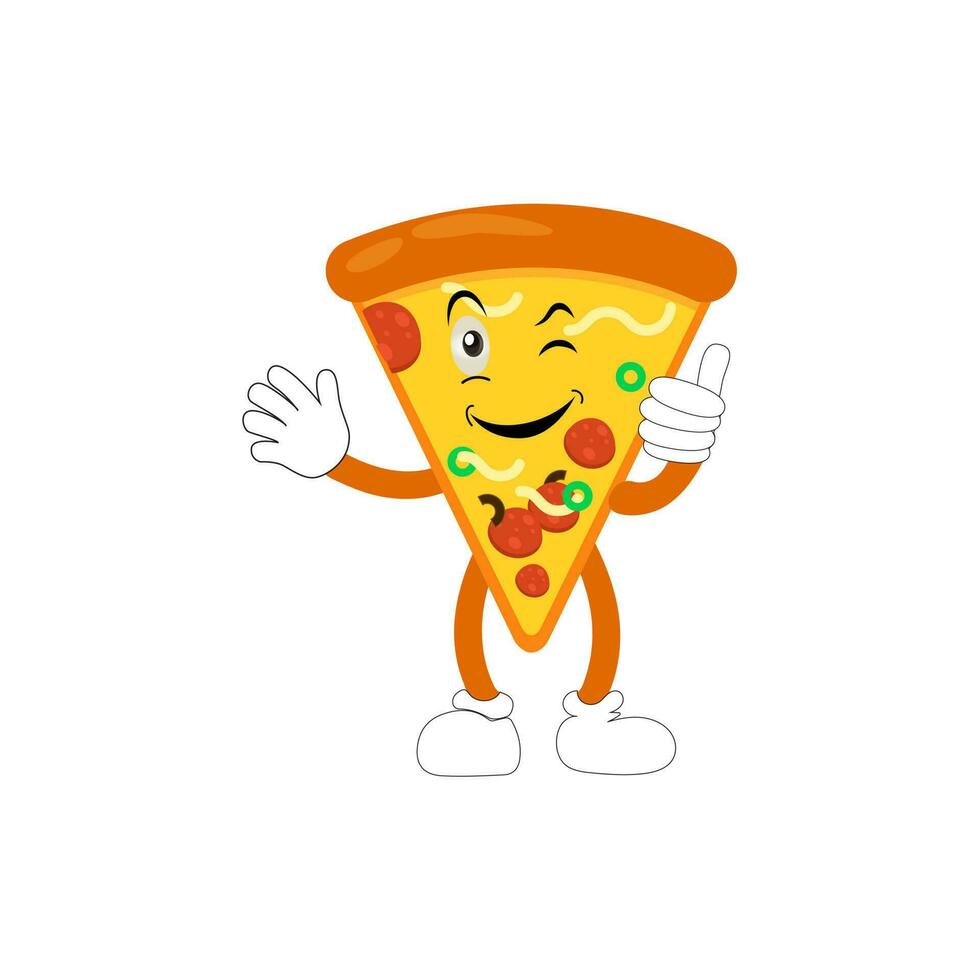 Funny happy pizza show peace gesture logo. Vector doodle line cartoon kawaii character illustration icon. Pizza quote logo concept. Fast food Vector cartoon illustration, Comic characters