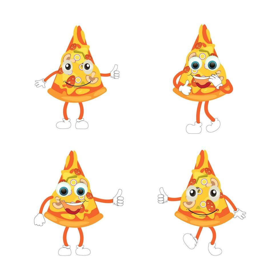 Funny happy pizza show peace gesture logo. Vector doodle line cartoon kawaii character illustration icon. Pizza quote logo concept. Fast food Vector cartoon illustration, Comic characters