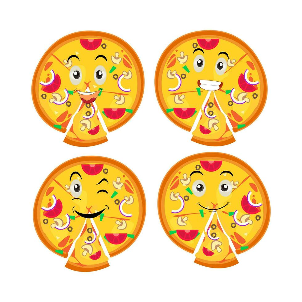 Pizza cartoon character, pizza character emotions, face, arms and legs. Funny cartoon characters. Trendy illustration in retro style. Vector kawaii line cartoon style illustration