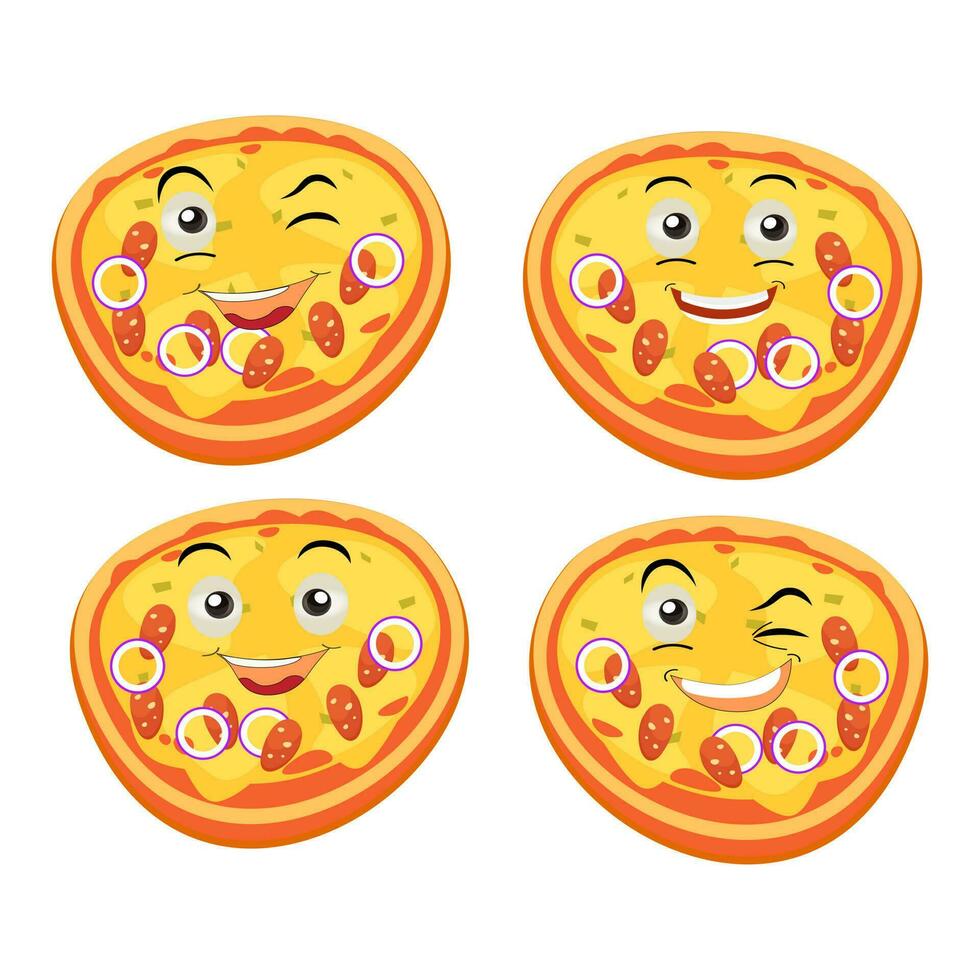 Pizza cartoon character, pizza character emotions, face, arms and legs. Funny cartoon characters. Trendy illustration in retro style. Vector kawaii line cartoon style illustration