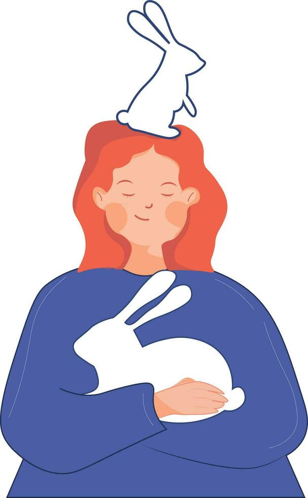 vector illustration of a girl with a bunny. the girl is holding a bunny. hare. red-haired girl new Year.