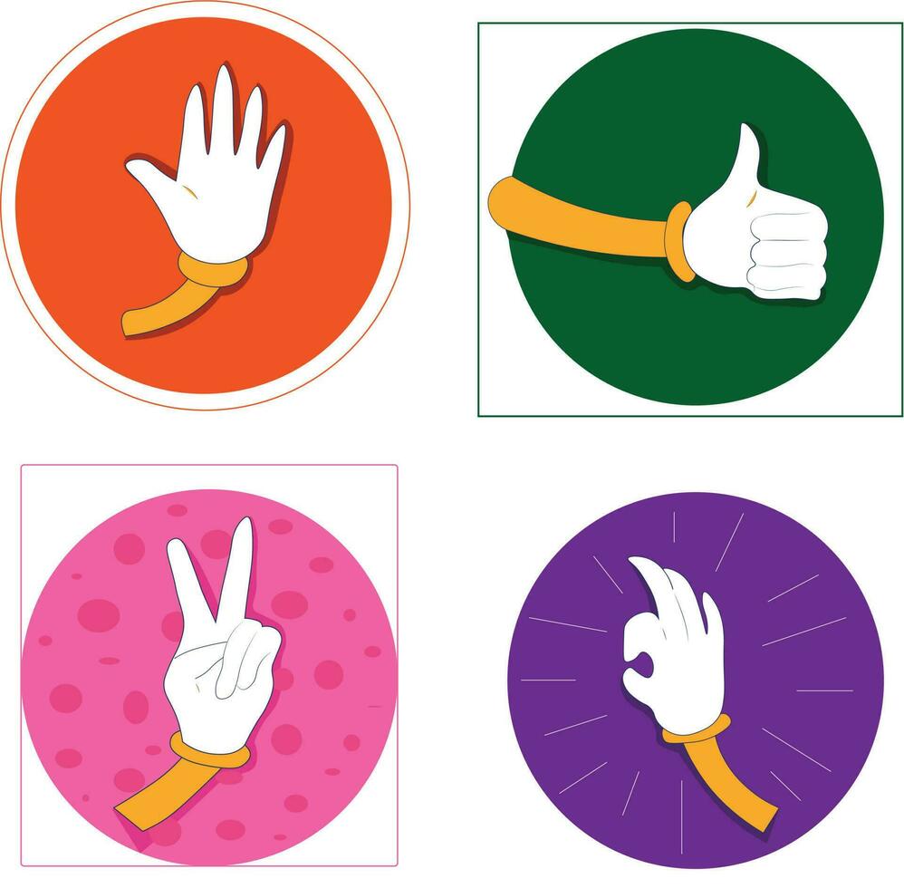 Set of multicolored hand signs and symbols. Stickers Vector illustration