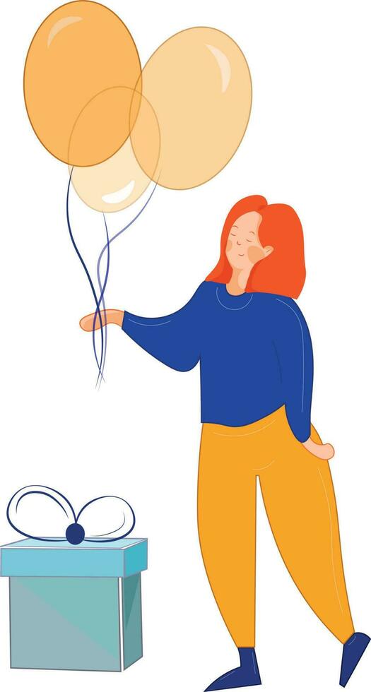 People celebrate birthday. girl stands near gifts and holds balloons. Happy birthday concept. Flat cartoon vector illustration and icon set. Birthday. birthday cake presents. air balloons