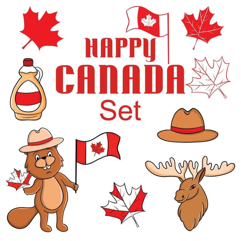 Happy Canada Vector Set, Beaver with Flag, Canadian Flag, Canadian Elements