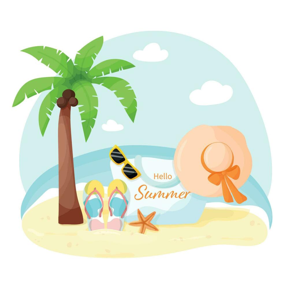 verano playa ilustración con palma árbol, dar la vuelta fracasos, sombrero y bolsa. lata ser usado para postales, viaje anuncios, pancartas, cubre vector