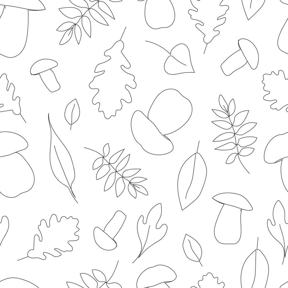 otoño sin costura modelo con hongos y hojas. uno línea dibujo. colorante modelo. vector otoño contorno modelo para impresión en tela, papel.