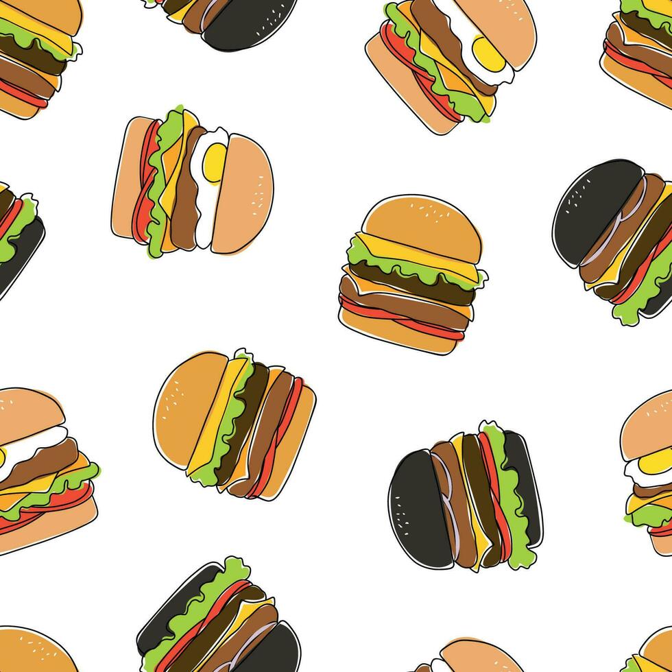 Hand drawn fast food seamless pattern. Drawing of various burgers, hamburgers. Fast food vector hand drawn set.