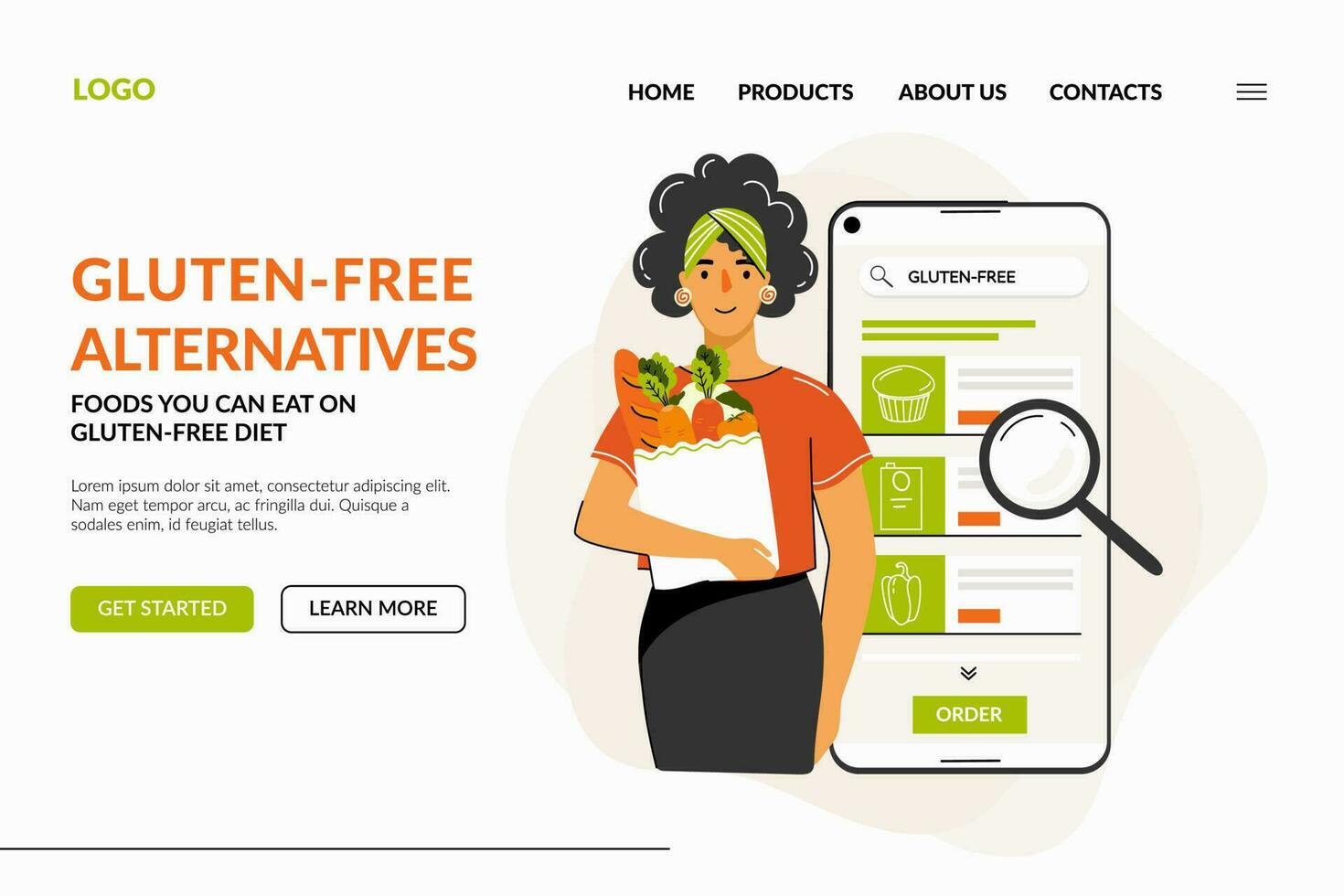 Web page about gluten-free diet products. Woman in smartphone searching products for her gluten-free diet. Concept of gluten free diet, wellbeing, meal planning and online shopping. vector