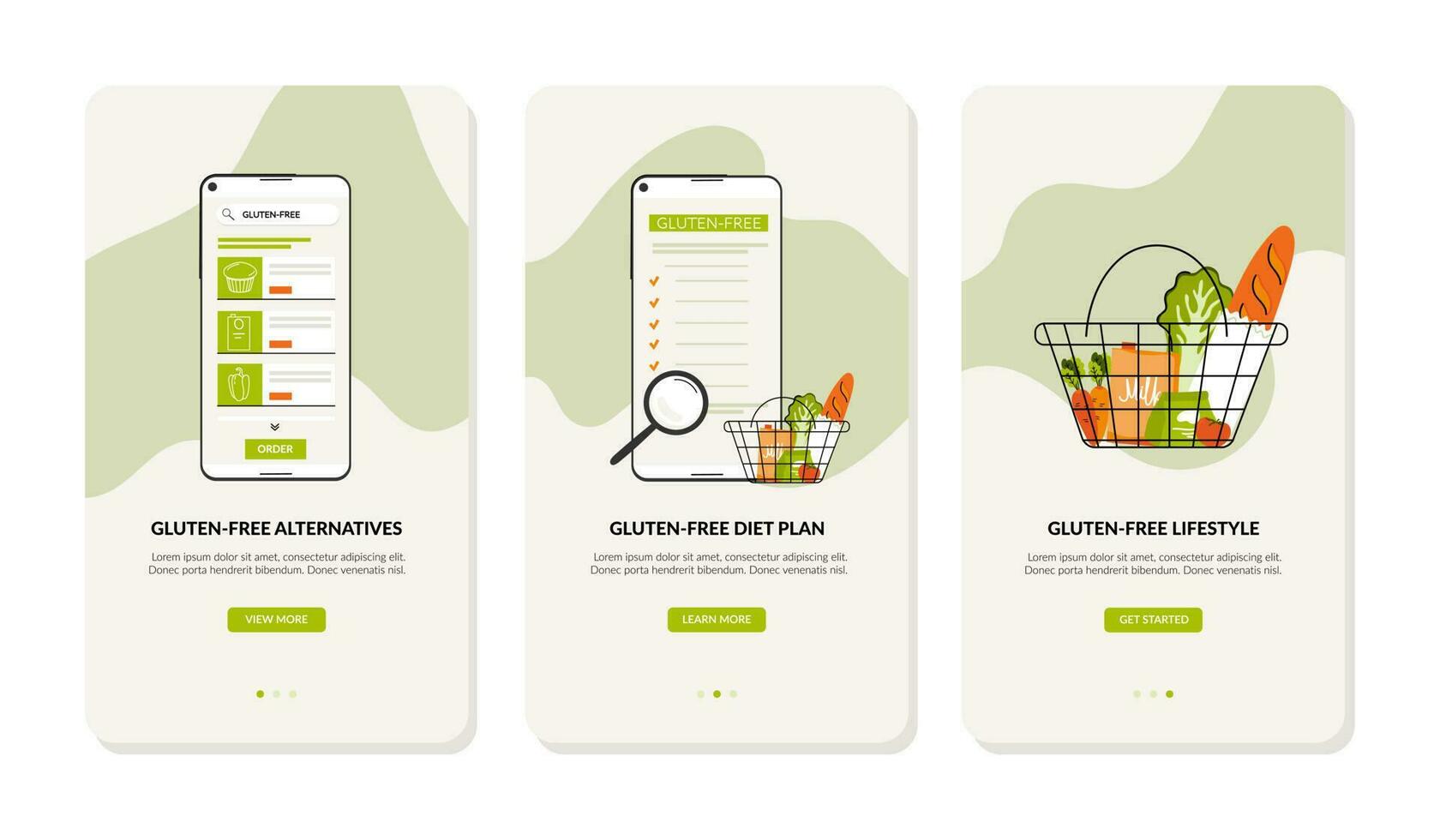 Web app template about gluten-free diet. Concept of gluten free diet, wellbeing, meal planning and online shopping. Vector illustration