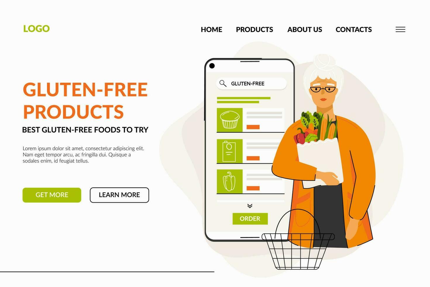 Web page of online store with gluten-free products. Senior woman in smartphone order gluten free products. Concept of gluten free diet, meal planning and online shopping. Vector illustration