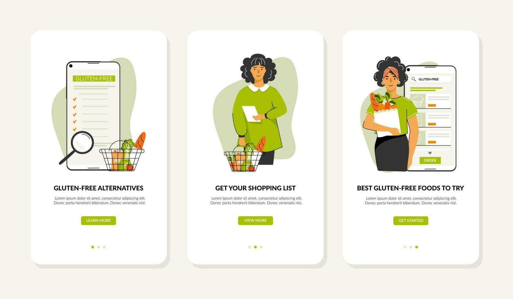 Web app template about the gluten-free diet. Woman is searching and buying products for her gluten-free diet. Concept of gluten free diet, wellbeing, meal planning and online shopping. vector