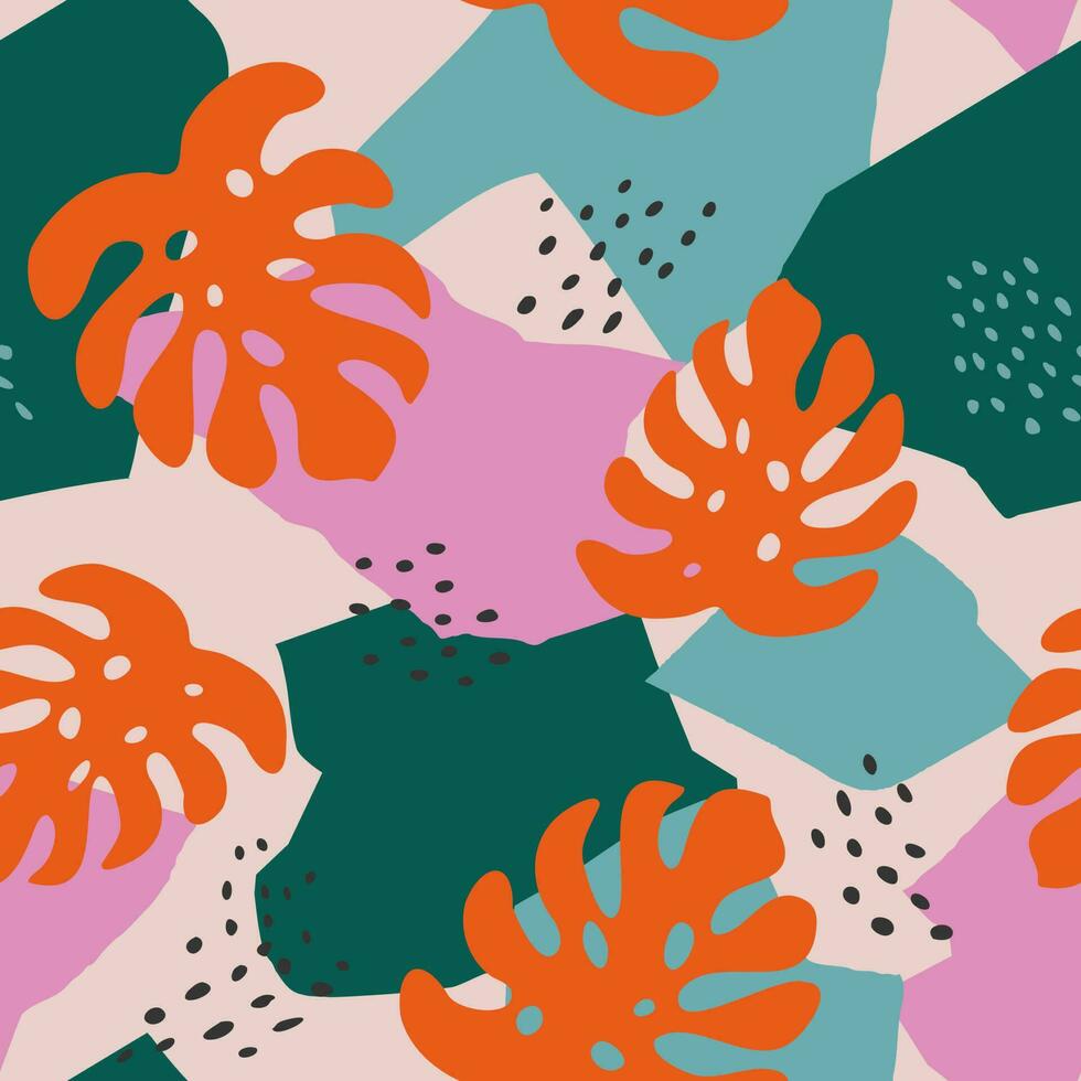moderno vistoso tropical sin costura modelo. creativo resumen contemporáneo collage exótico selva plantas. de moda diseño para papel, cubiertas, tela. mano dibujado vector ilustración.