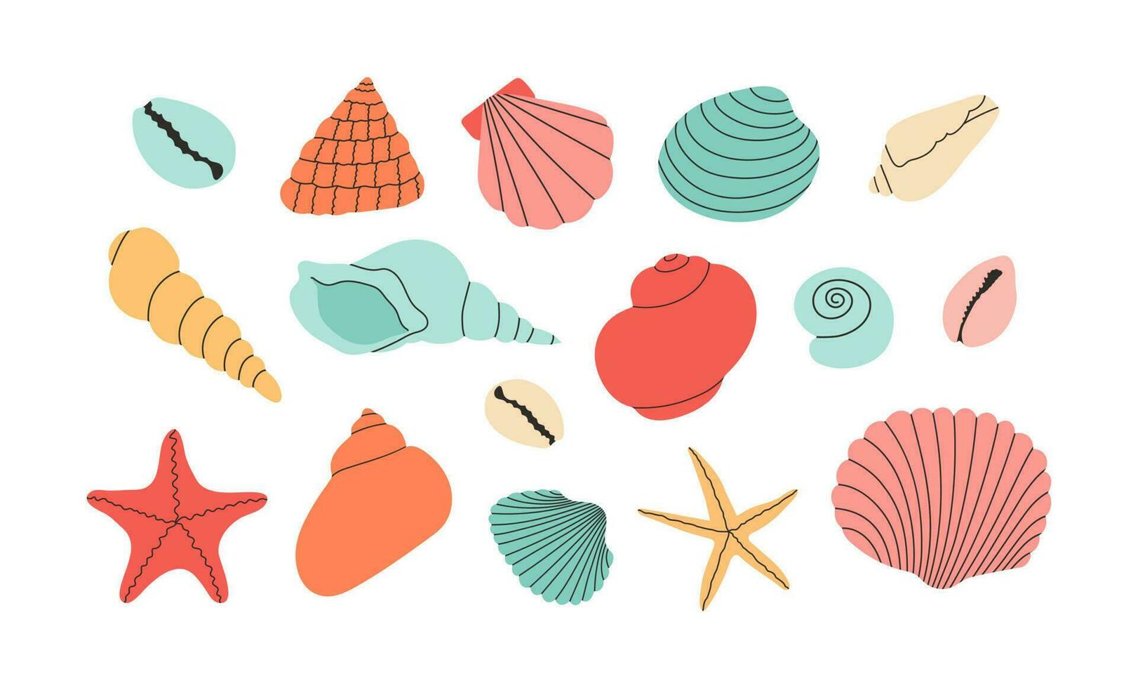 conjunto de vistoso vector mano dibujar conchas marinas y estrellas de mar aislado diseño elementos. verano vacaciones recopilación, tropical playa conchas
